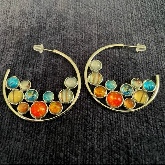 Silver tone and fun jewel colors in a pair of hoop earrings perfect for summer! - Picture 1 of 4